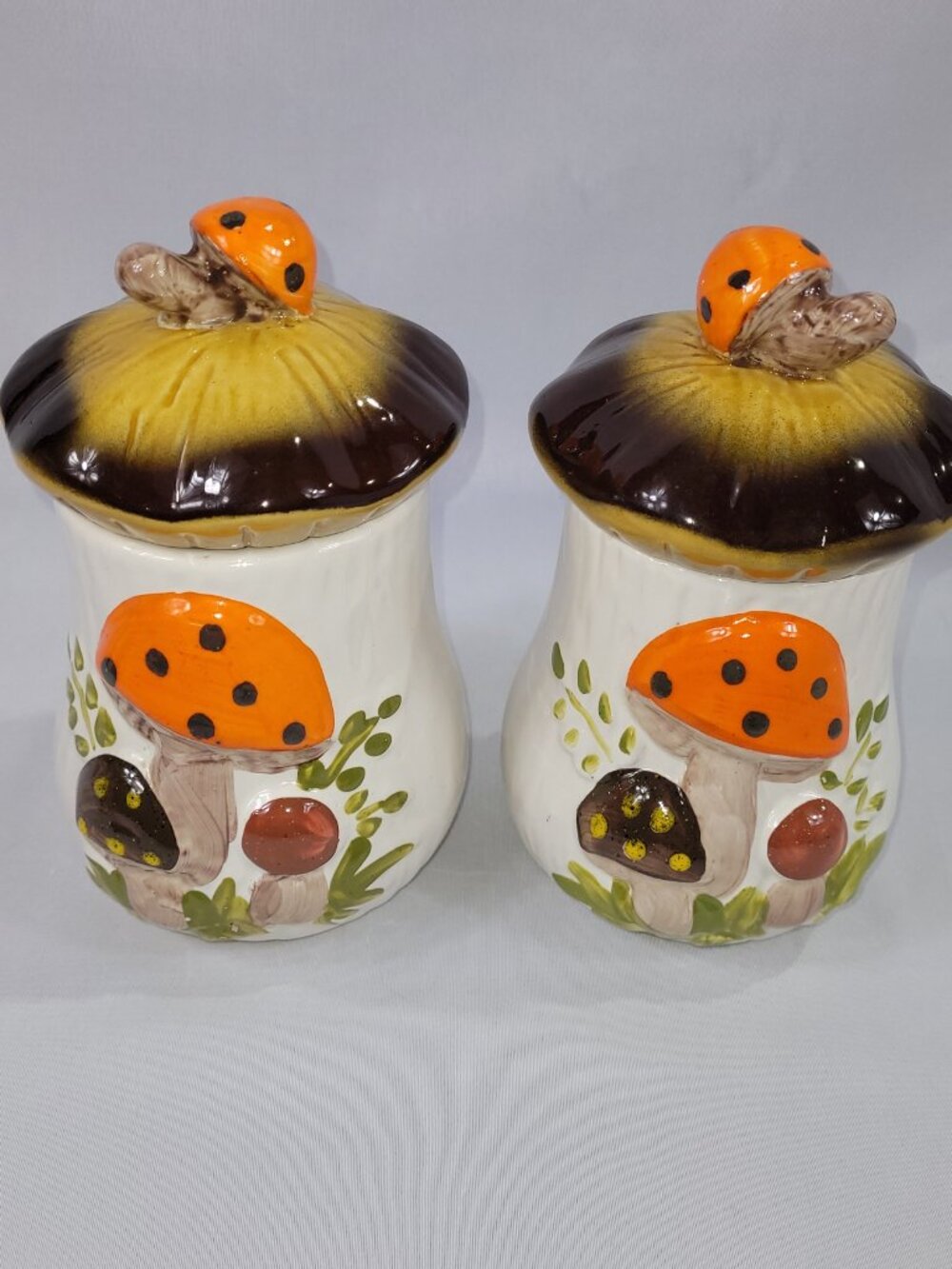 Sears Merry Mushroom Vintage 7.5" Ceramic Set 2 Cannister Jar Container